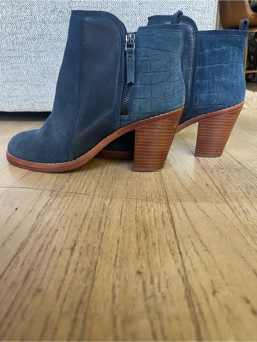 Matt Bernson Navy Suede & Croc-Embossed Ankle Booties